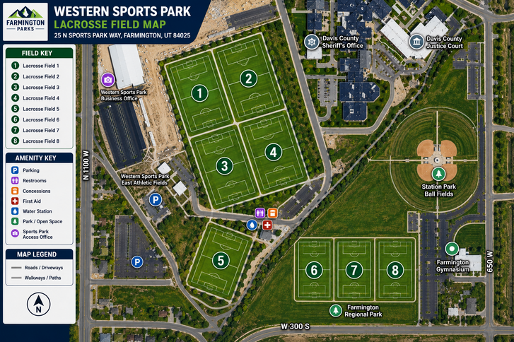 Western Sports Park field map showing field locations, Gatorade Hydration Stations, and vendors